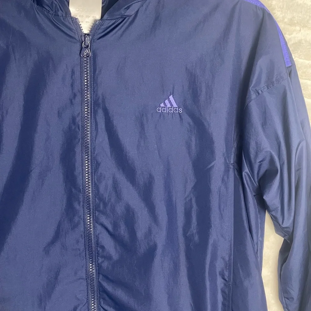 L Y2K Adidas Climaproof Full Zip Hoodie Track warmup Jacket Navy Purple 3 Stripe